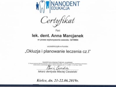 Dr Marcjanek certyfikat 18 - <span>lek. dent. Anna Marcjanek</span><br/>specjalizacja w dziedzinie protetyki stomatologicznej