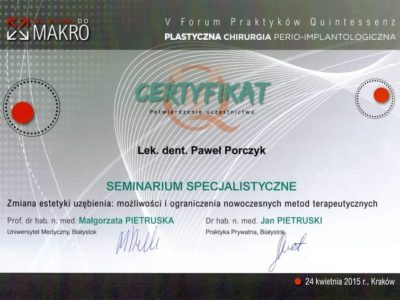 Dr Porczyk certyfikat 11 - <span>lek. dent. Paweł Porczyk</span><br/>specjalizacja w dziedzinie periodontologii