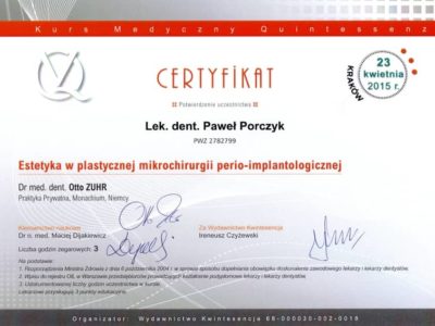 Dr Porczyk certyfikat 12 - <span>lek. dent. Paweł Porczyk</span><br/>specjalizacja w dziedzinie periodontologii