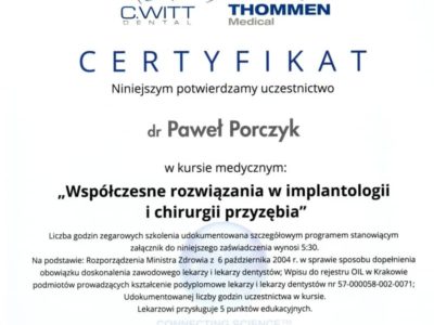 Dr Porczyk certyfikat 13 - <span>lek. dent. Paweł Porczyk</span><br/>specjalizacja w dziedzinie periodontologii