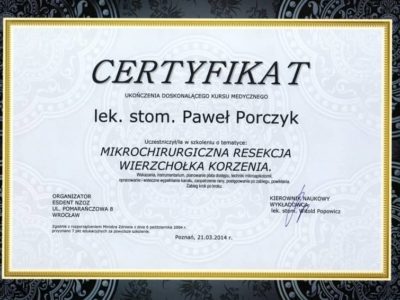 Dr Porczyk certyfikat 8 - <span>lek. dent. Paweł Porczyk</span><br/>specjalizacja w dziedzinie periodontologii