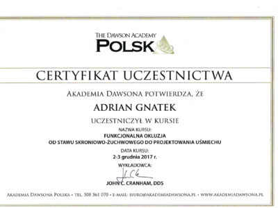 Adrian Gnatek certyfikat 3 1 - <span>lek. dent. Adrian Gnatek</span><br/>specjalizacja w dziedzinie chirurgii stomatologicznej