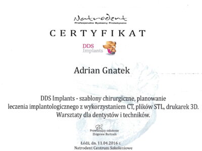 Adrian Gnatek certyfikat 4 1 - <span>lek. dent. Adrian Gnatek</span><br/>specjalizacja w dziedzinie chirurgii stomatologicznej