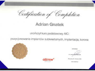Adrian Gnatek certyfikat 5 1 - <span>lek. dent. Adrian Gnatek</span><br/>specjalizacja w dziedzinie chirurgii stomatologicznej